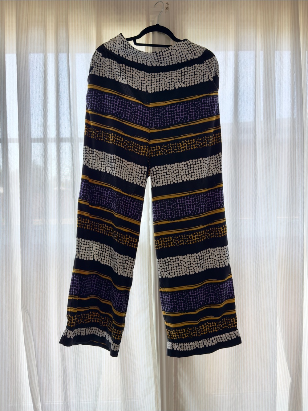Eva Mendes Wide Leg Striped Pattern Pants in Navy, Purple, White & Gold